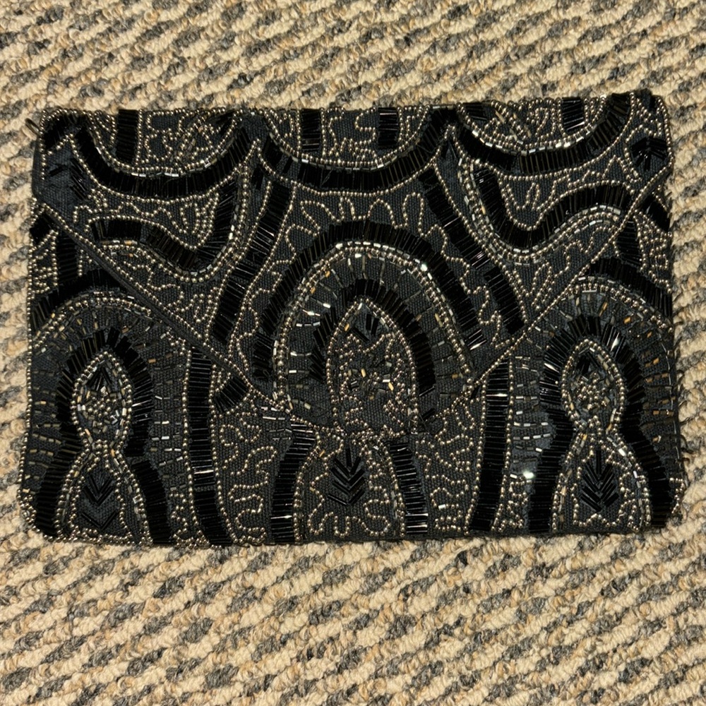 Black and silver beaded clutch bag